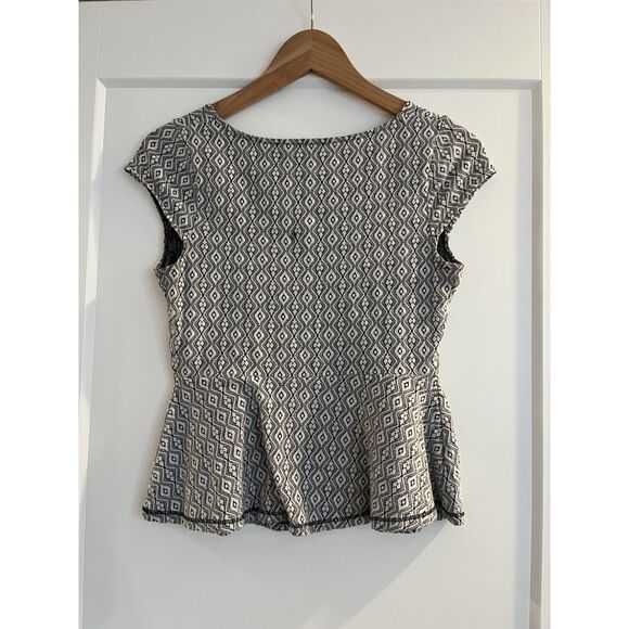 Anthropologie 9-HIS-S'CL Postmark Black & White Ikat Peplum Top Small - Picture 4 of 4